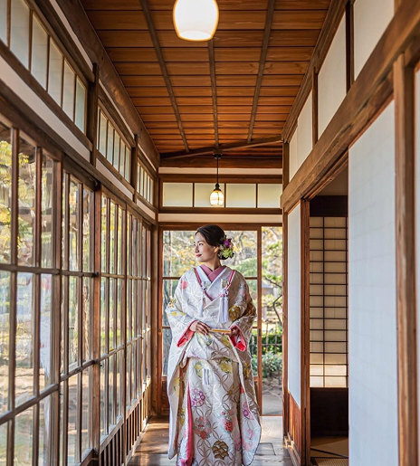 廊下を歩く着物の女性